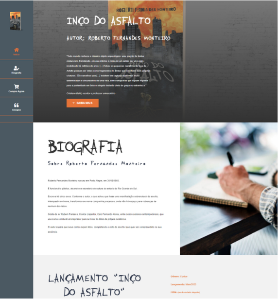 Página do projeto Inço do Asfalto com capa do livro, biografia do autor e informações de lançamento